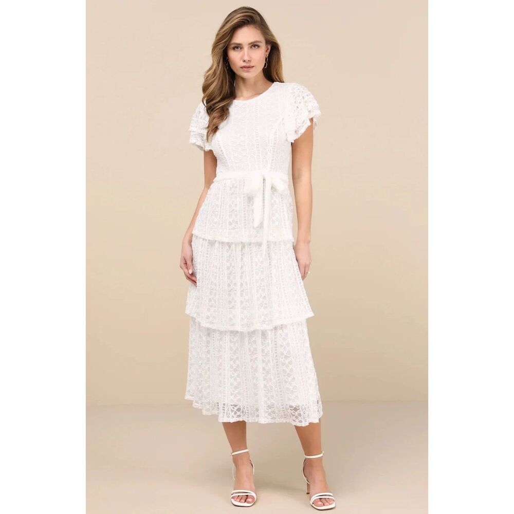 LULUS Whimsical Spirit Lace Tiered Backless Midi Dress L Ivory Short Sleeve B25